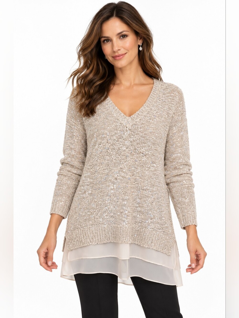 LOFT Medium Beige Gold Thread Sequin Sweater Cream Chiffon Layered Hem